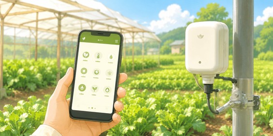 畑でスマホやセンサーを使う農業ITのイメージ