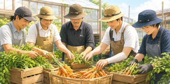 仲間と収穫や出荷準備に取り組む小さな営農ラボのイメージ