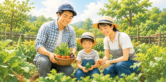 家族で野菜づくりを楽しむ貸し農園のイメージ