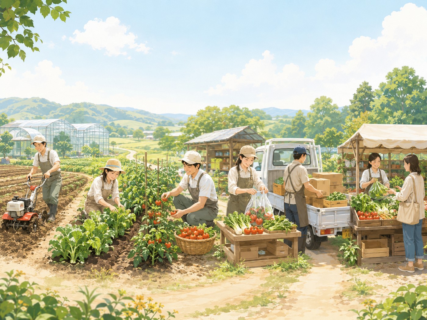 トラクタで耕耘し、野菜の世話をし、収穫、袋詰め、出荷、販売までの流れを抽象化したイラスト